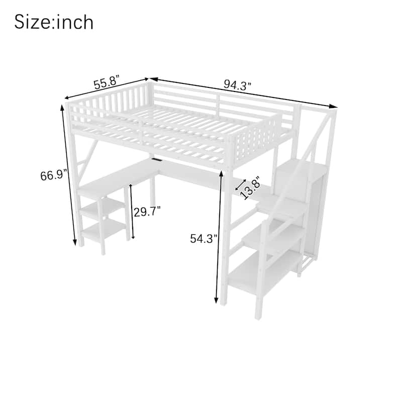 Metal Full Loft Bed with Wardrobe and LED Light, Full Size Loft Bed with L Shaped Desk and USB for Kids Teens Adults