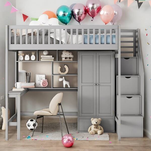 slide 2 of 27, Full Size Loft Bed With Bookshelf,Drawers,Desk,and Wardrobe,Sturdy Construction Grey