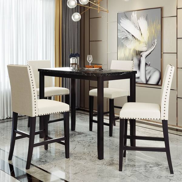 5 Piece Counter Height Faux Marble Modern Dining Set