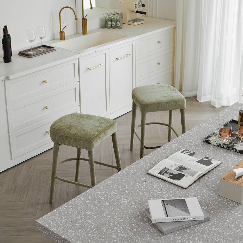 Set of 2 Counter Height Backless Brown Faux Leather Bar Stool - Comfortable Padded Seat with Sturdy Metal Legs