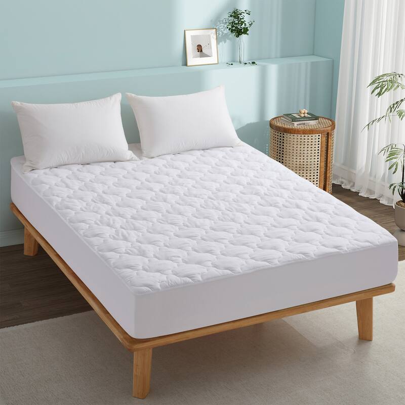White Four Leaf Clover Quilted Fitted Mattress Pad , Elastic Stretches up to 18 Inches Deep