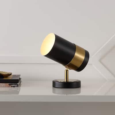 Eldora 9.25" Modern Industrial Iron Adjustable Indoor LED Floor Spotlight, Black/Brass Gold by JONATHAN Y