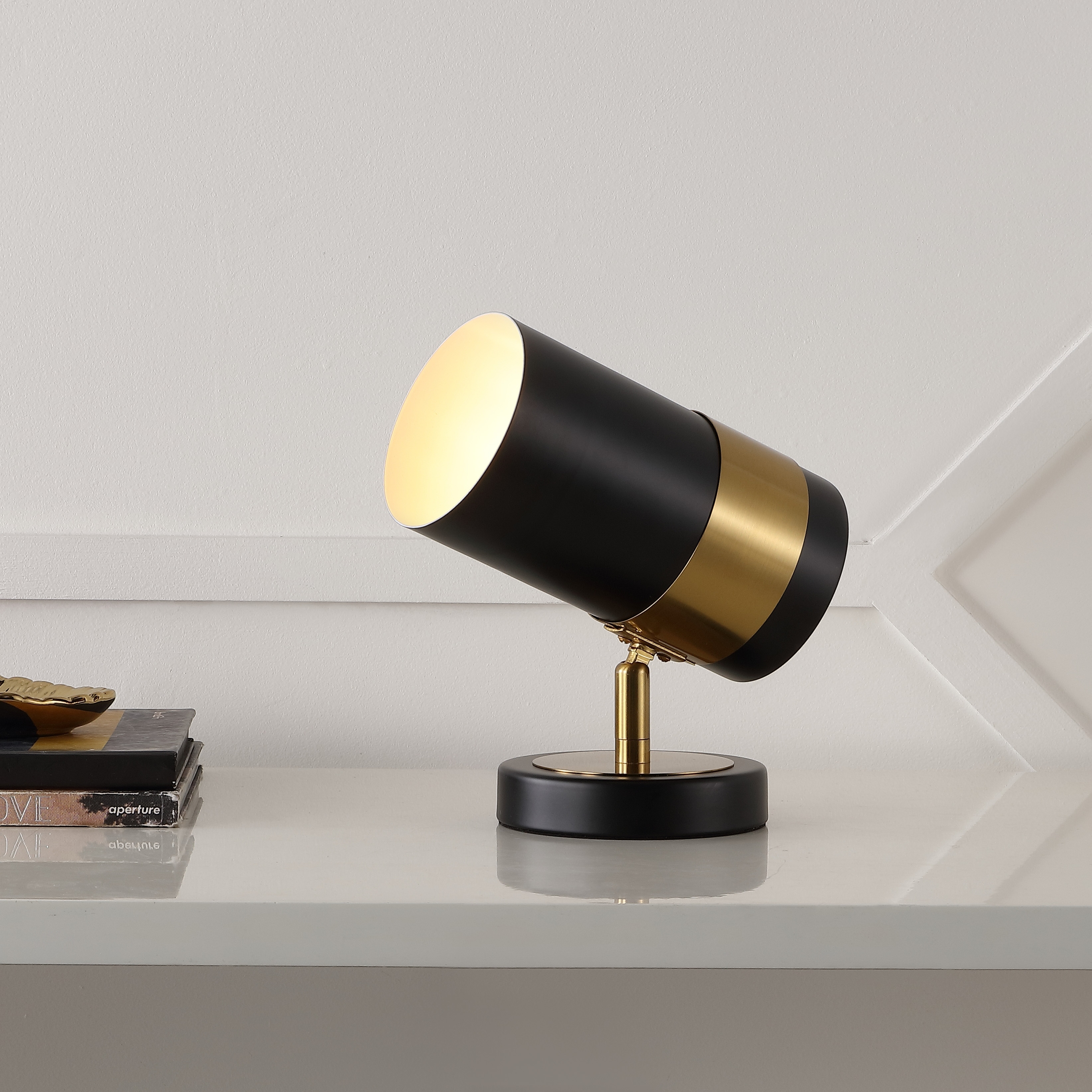 JONATHAN Y Eldora 9.25" Modern Industrial Iron Adjustable Indoor LED Floor Spotlight, Black/Brass Gold