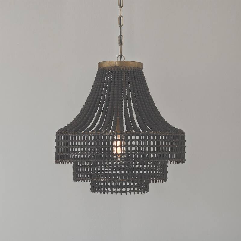 Metal, Rattan and Wood Bead Chandelier - 21.9"L x 21.9"W x 23.4"H
