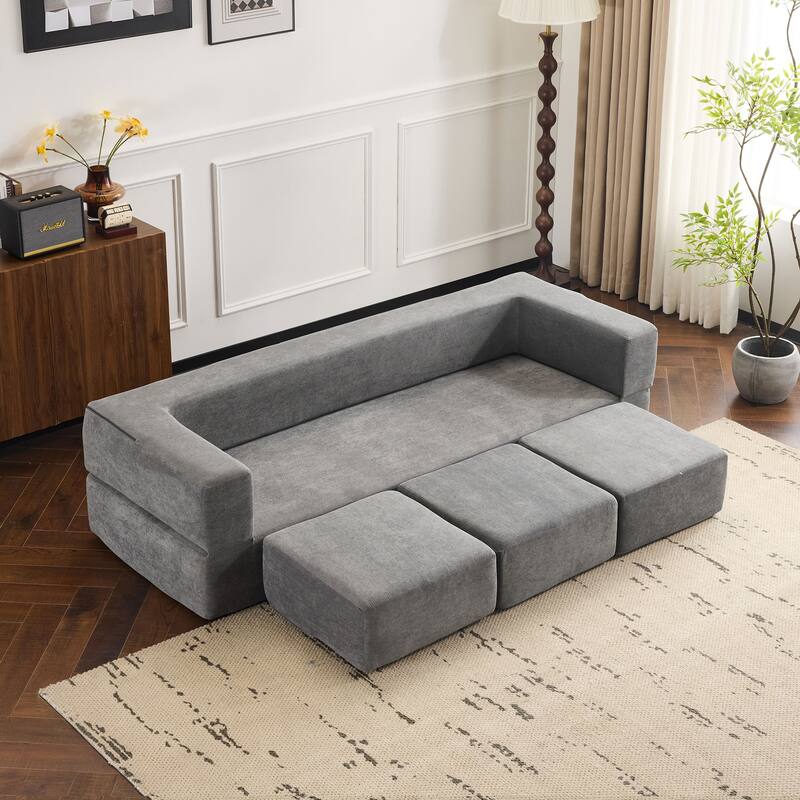 79.14" Chenille 3-Seater Sofa, Foldable Play Mat and Removable Cover - LIGHT GREY