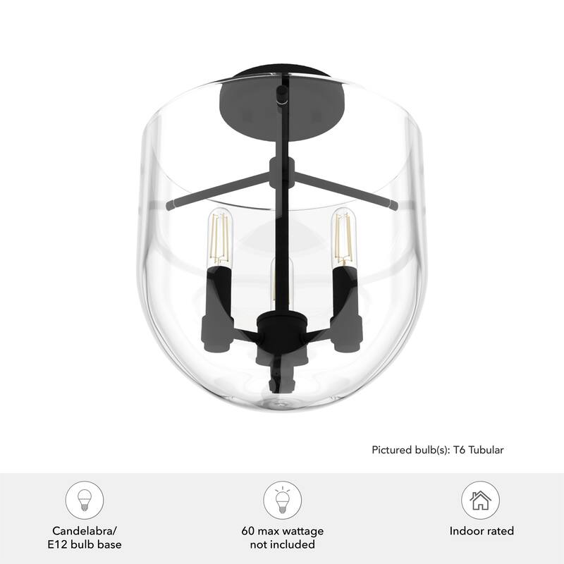 Hunter Sacha 3-Light Semi-Flush Mount Ceiling Light w/ Clear Glass - Entry, Dining Room, Kitchen Table - Modern, Low-Profile