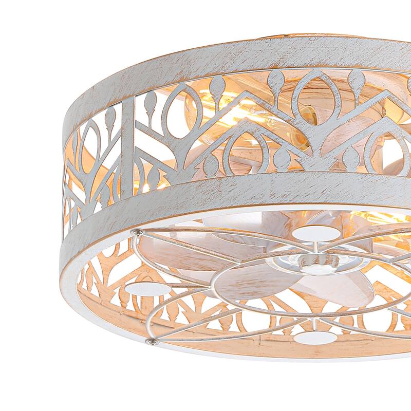 20" 7-Blade Distressed White Flush Mount Caged Ceiling Fan with Light Remote