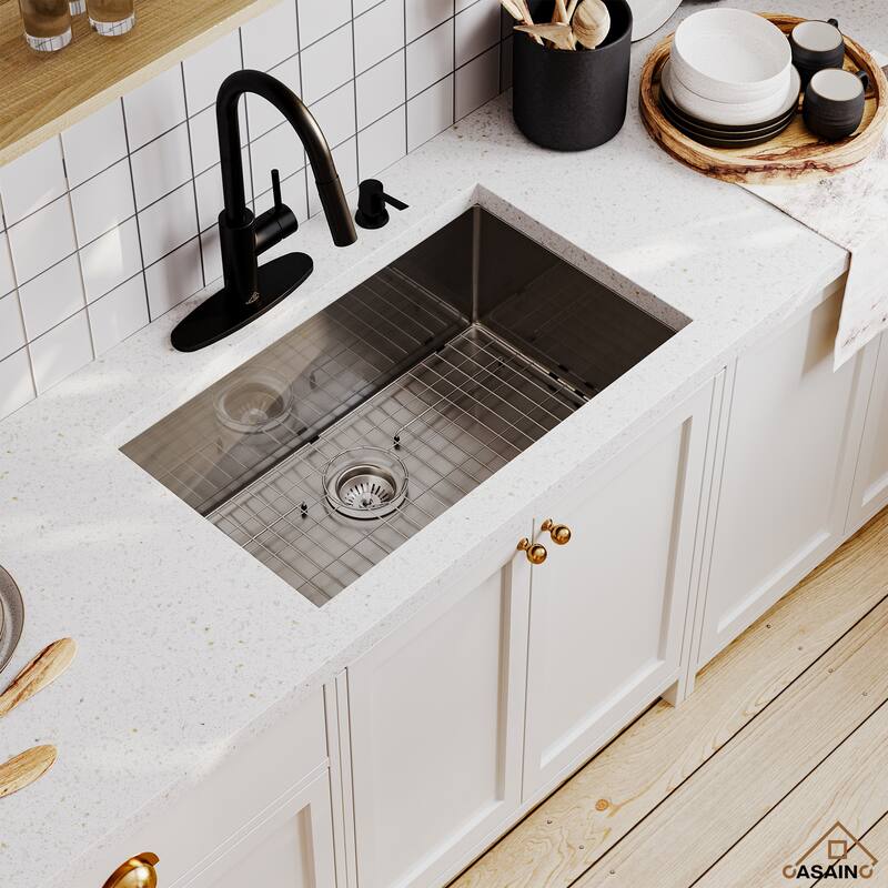 Stainless Steel Sink 16-Gauge Single Bowl Undermount Kitchen Sink in Brushed with Bottom Grid and Drainer