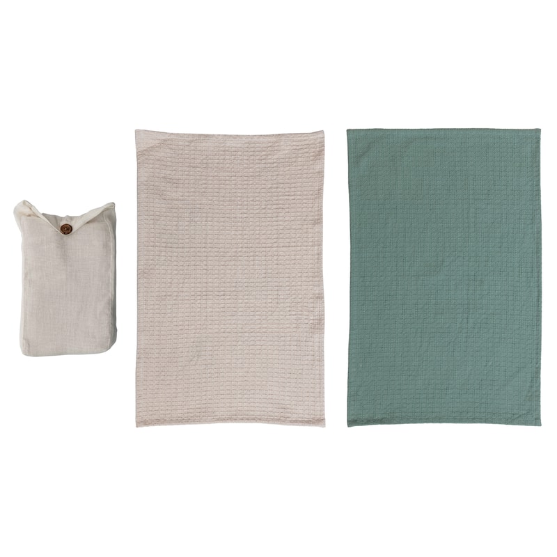 Cotton Waffle Weave Tea Towels - 28.0"L x 18.0"W x 0.3"H - Natural & Blue - Set of 2 - 28.0"L x 18.0"W x 0.3"H