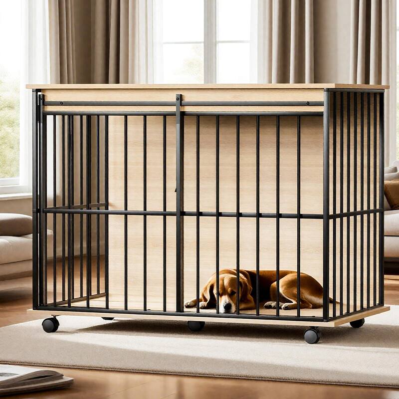Dog Crate Furniture, Large Dog Cage Furniture with Tray for Medium Large Dogs, Wooden Dog Kennel Furniture