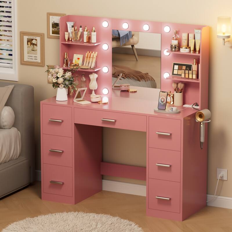 Furniwell Makeup Vanity with Mirror and Drawers Vanity Desk Set with 3 Modes Adjustable Brightness Lights and USB Power Outlet