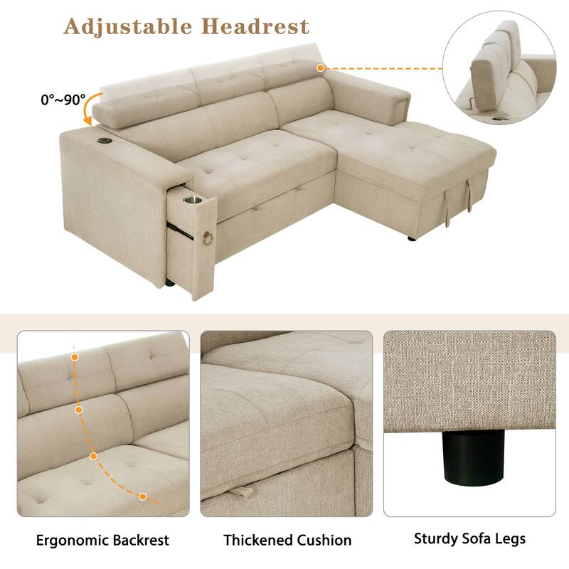 Harper&Bright Designs Multi-Functional Pull-Out Sofa Bed with Adjustable Headrest