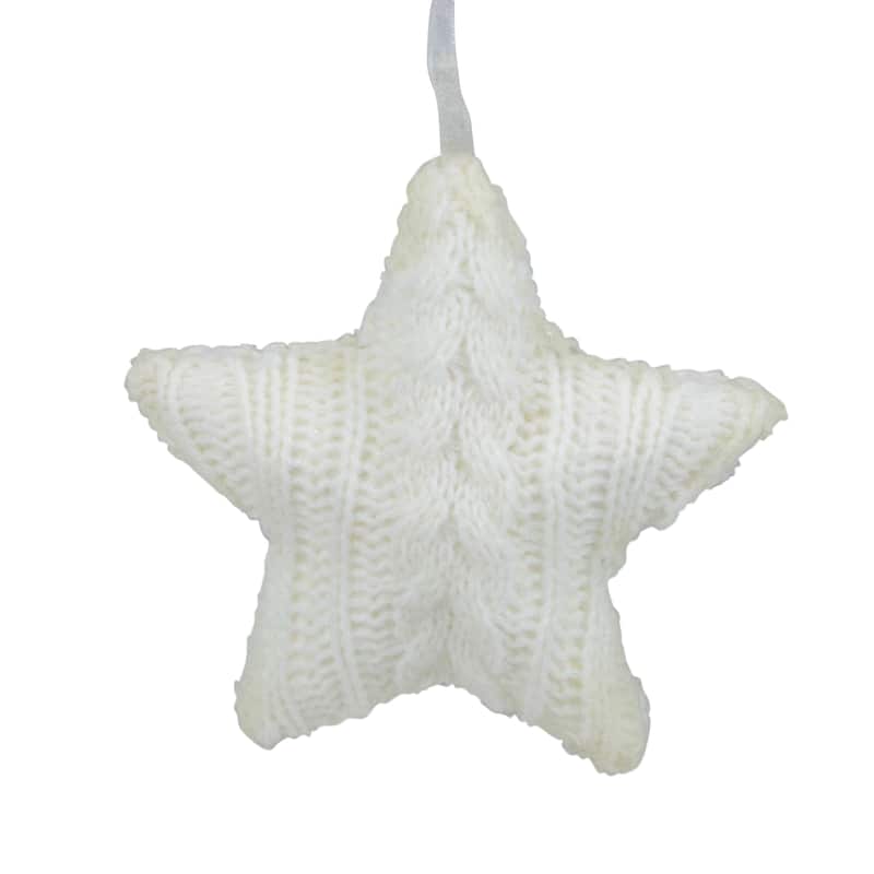 Plush Cable Knitted Star Hanging Christmas Ornament - 4" - Cream White