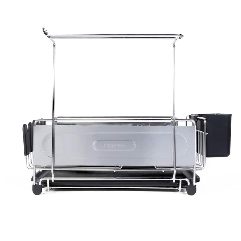 happimess Compact 17.25" Fingerprint-Proof Stainless Steel Dish Drying Rack With Wine Glass Holder, Stainless Steel/Black