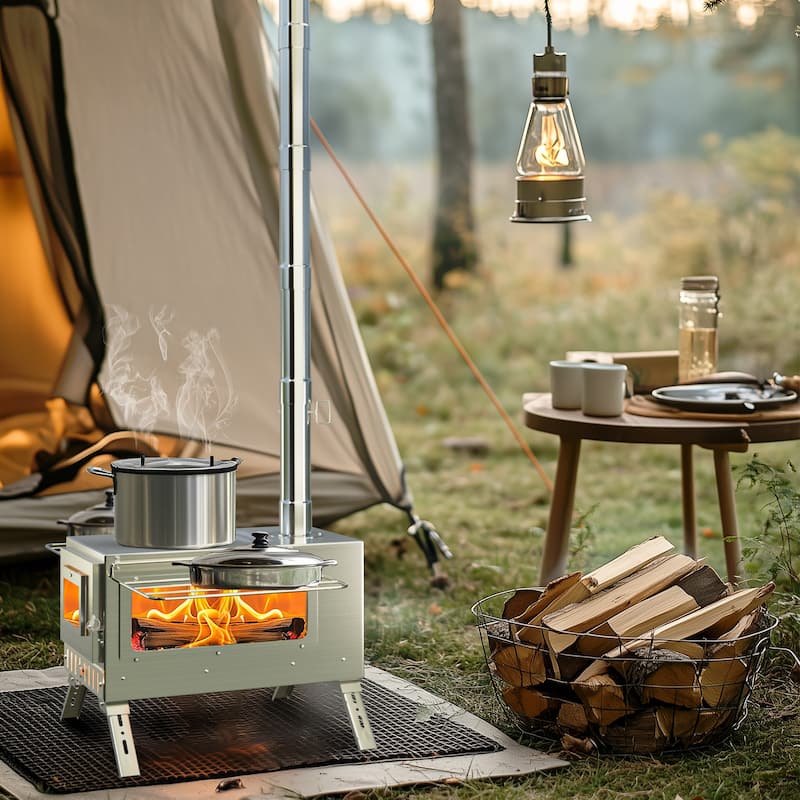 Large Camping Wood Stove, Portable Stainless Steel Hot Tent Stove with 7 chimney pipes