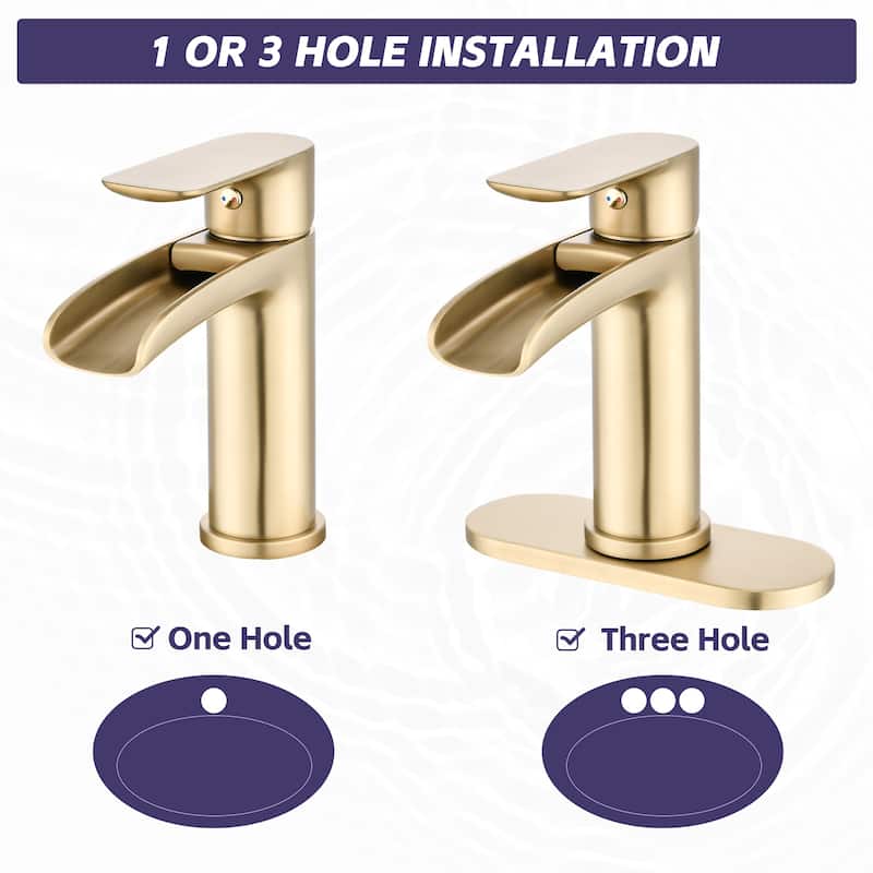 Waterfall Bathroom Faucet Single Handle Bathroom Sink Faucets 1 or 3 Hole with Deck Plate & Overflow Pop Up Drain