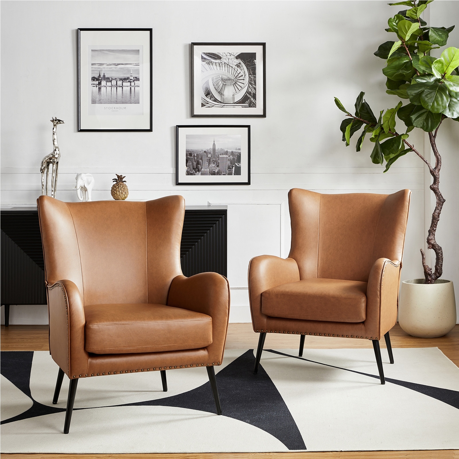 HULALA HOME Invidiae Glam Faux Leather Wingback Armchair with Metal Legs Set of 2