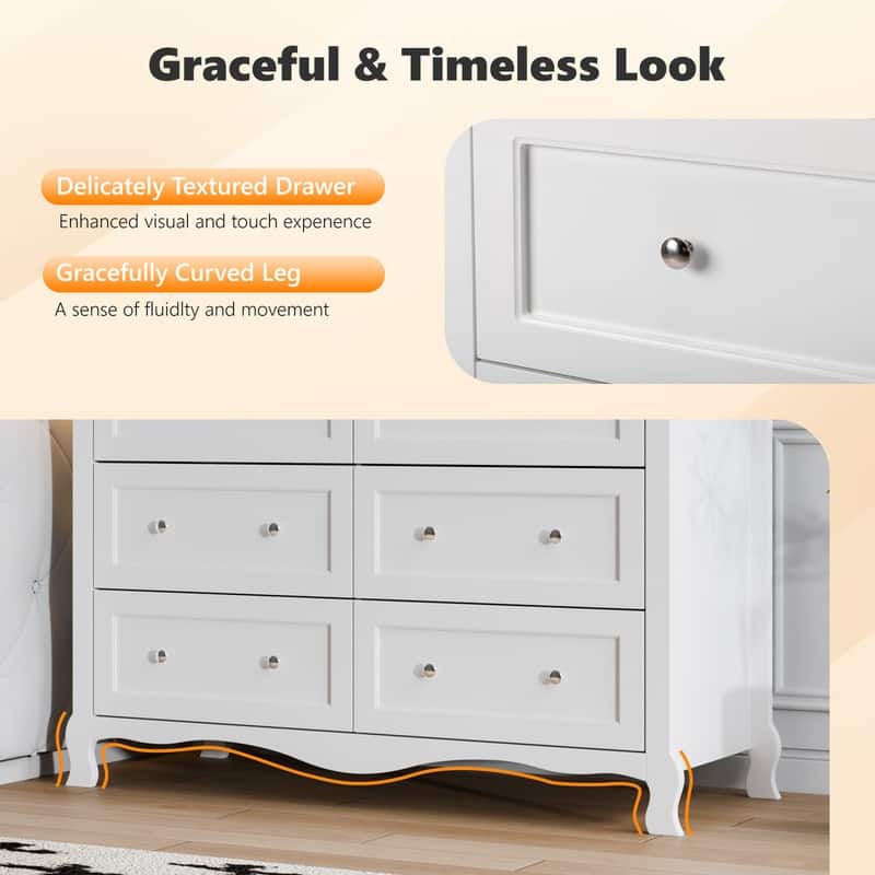 White P2 Density Board Painted 47.2in 6-Drawer French Curved Legs