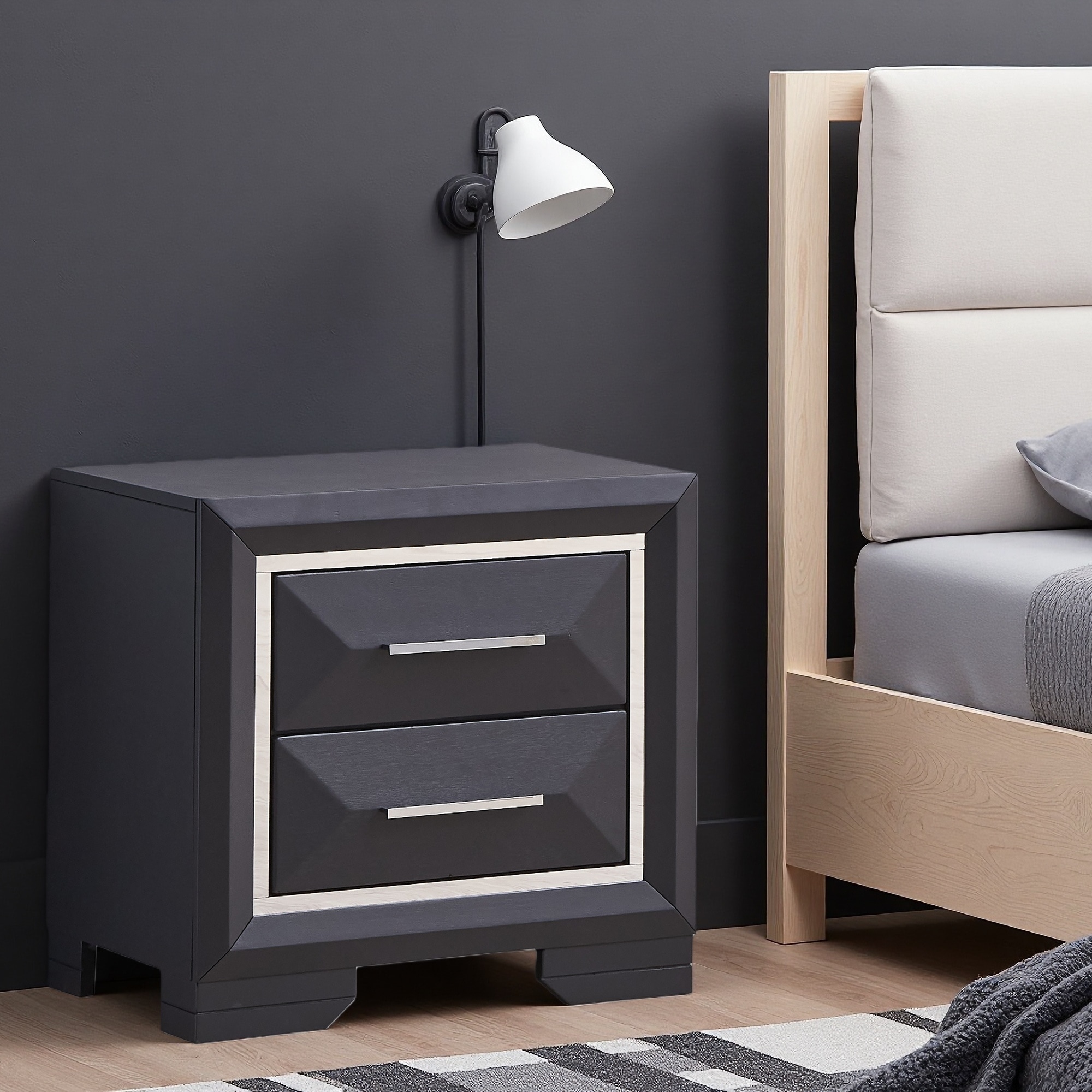 25"L Wood Veneer Nightstand, 2 Drawers, Dovetail Joints, Brush Steel Accents