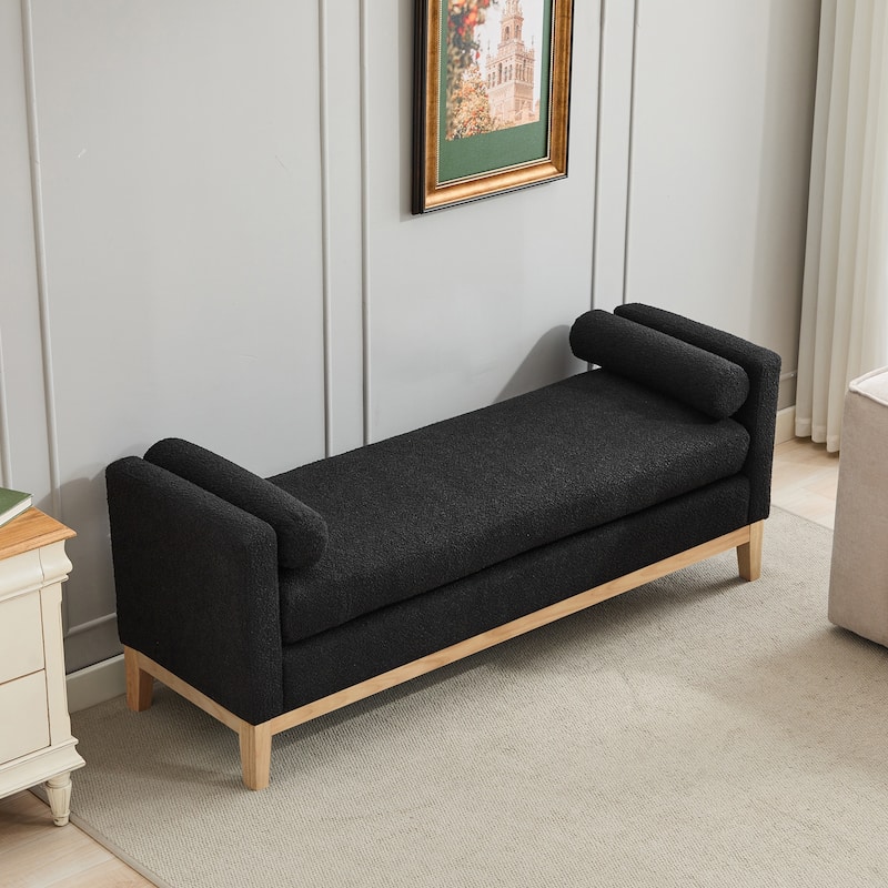 66.34"W Elegant Upholstered Bench,Ottoman with Nature Wood Legs & 2 Bolster Pillows for End of Bed, Bedroom, Living Room