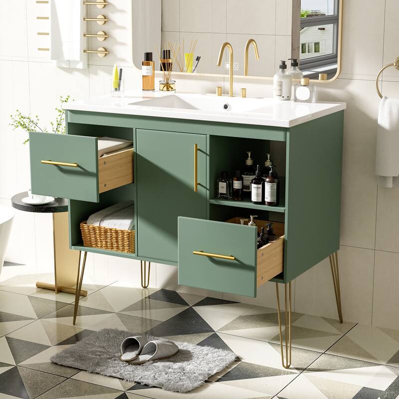 Freestanding Green Storage Cabinet for Bathroom Vanity with Resin Sink, 2 Drawers, 2 Storage Compartments and Gold Handles