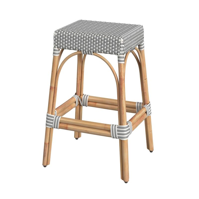 Robias Rectangular Rattan 30" Bar Stool - White/Gray Dot / Natural Rattan Frame