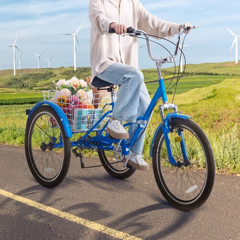 Folding 7-Speed Tricycle for Adults, 24-Inch 3-Wheel Bike with Basket & Adjustable Seat - 70.9 x 29.9 x 45.9 in