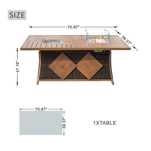 dimension image slide 1 of 2, 7-Piece Brown Aluminum Wicker Patio Dining Set with Multifunctional Fire Pit Table
