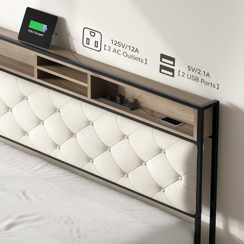 King Size Bed Frame, Platform Bed Frame with Charging Station, Upholstered Storage Headboard & Footboard Metal Slats Supports
