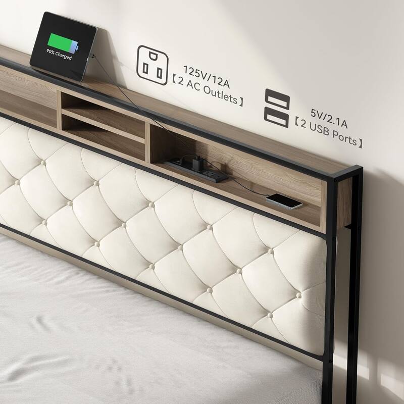 King Size Metal Bed Frame, Button Tufted Platform Bed with Storage Headboard and Charging Station, No Box Spring Needed
