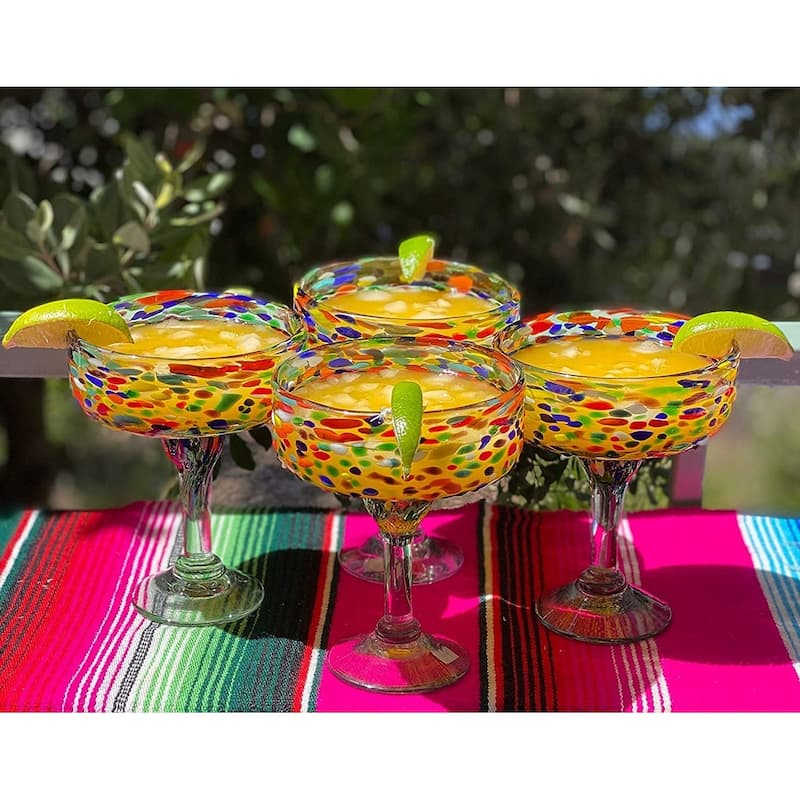 Dos Sueños Mexican Hand Blown Glass - Set of 4 Hand Blown Margarita Glasses Confetti Rock (16 oz)