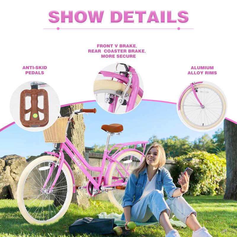 24 inch Outdoor Comfort Single Speed Bike, Steel Frame Road Cycling Bicycle w/Adjustable Genuine Leather Saddle for Kids & Teens