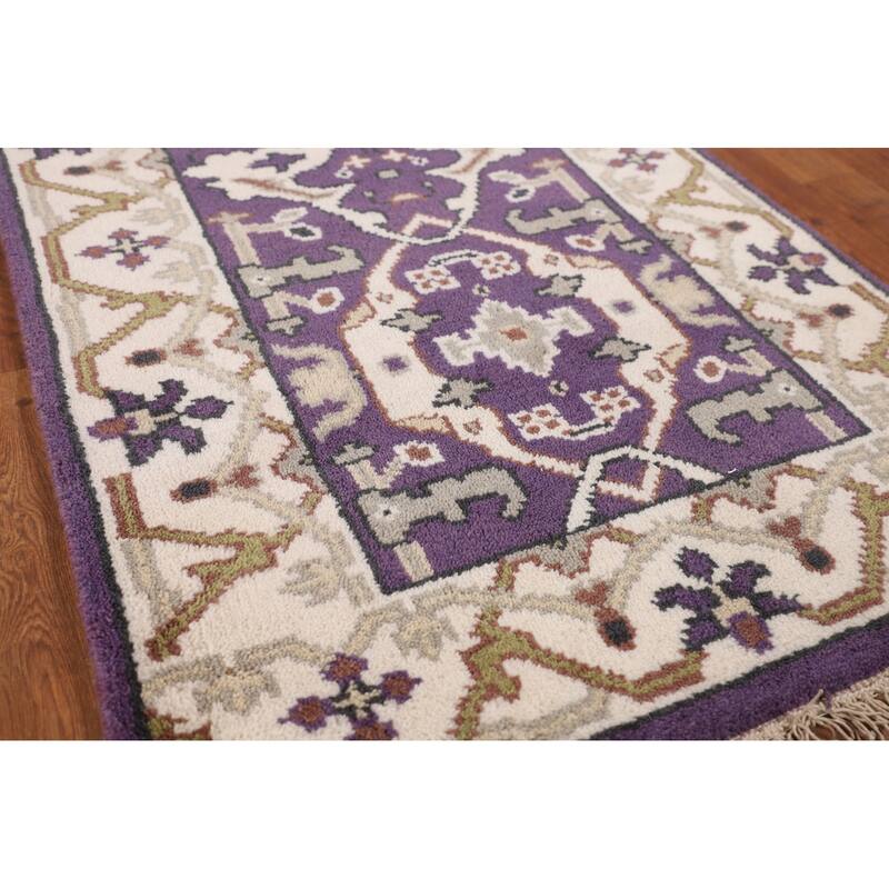 Purple Oushak Oriental Runner Rug Hand-Knotted Floral Wool Carpet - 2'6"x 9'9"