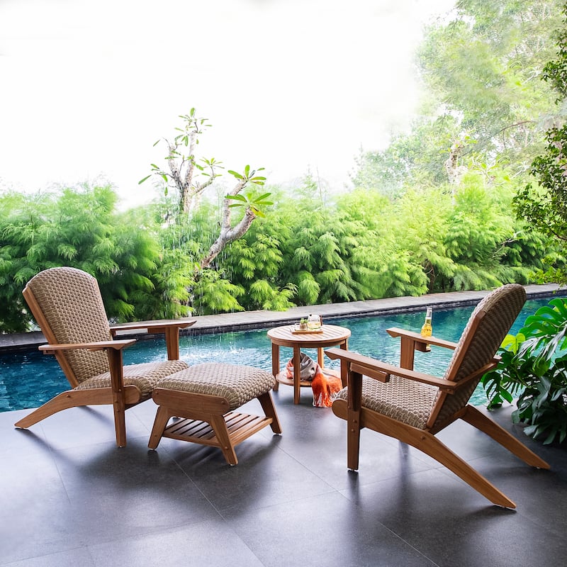 Cambridge Casual Camden Teak Patio Adirondack Chair Set with Padded Woven Seat - FREE Patio Cover - Natural Teak 4 Piece/Beige Wicker