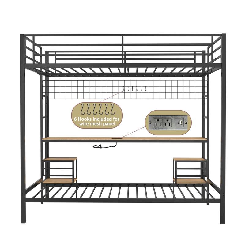 Full Over Twin Bunk Bed with Desk and Charging Station and Storage Shelves and Metal Wire Mesh Panel with Hooks,Guard & Stairs