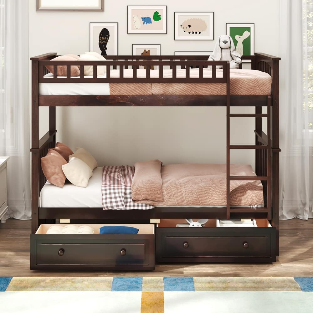 Wooden Storage Bunk Bed Frame with Fence-shaped Guardrails and Pull-out Drawers, Convertible 2 Platform Beds, Detachable Design