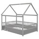 preview thumbnail 5 of 35, Wooden Floor Bed with House Roof Frame and Guardrails
