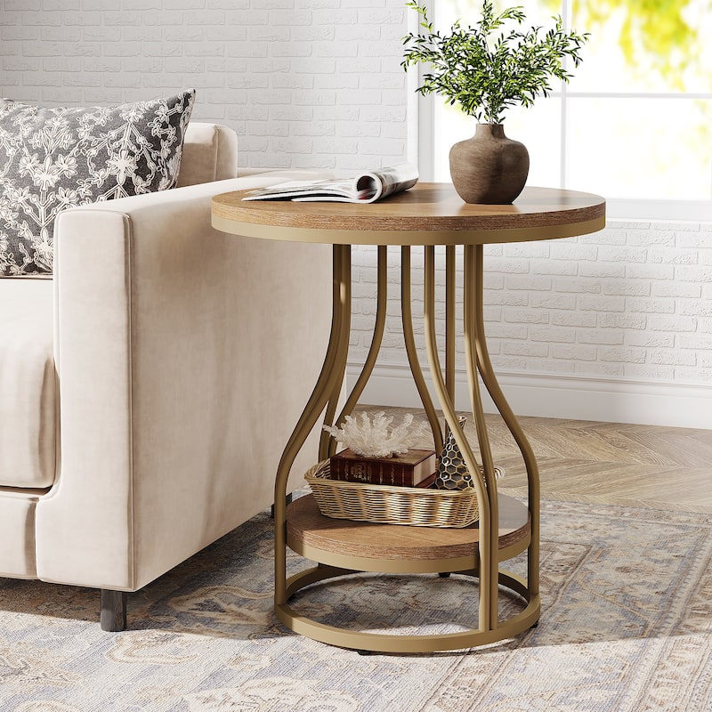2-Tier Round End Side Table, Modern Nightstand