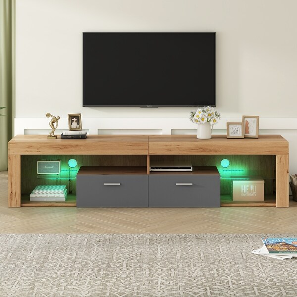 Modern Wood Style LED TV Stand for TVS Up to 80 TV Console with 6 Storage Cabinets Natural
