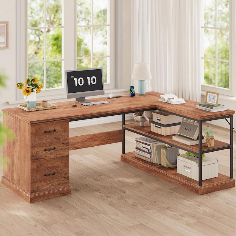 L Shaped Desk Drawers Storage Shelves Executive Home Office Desk - 29.5" - Brown
