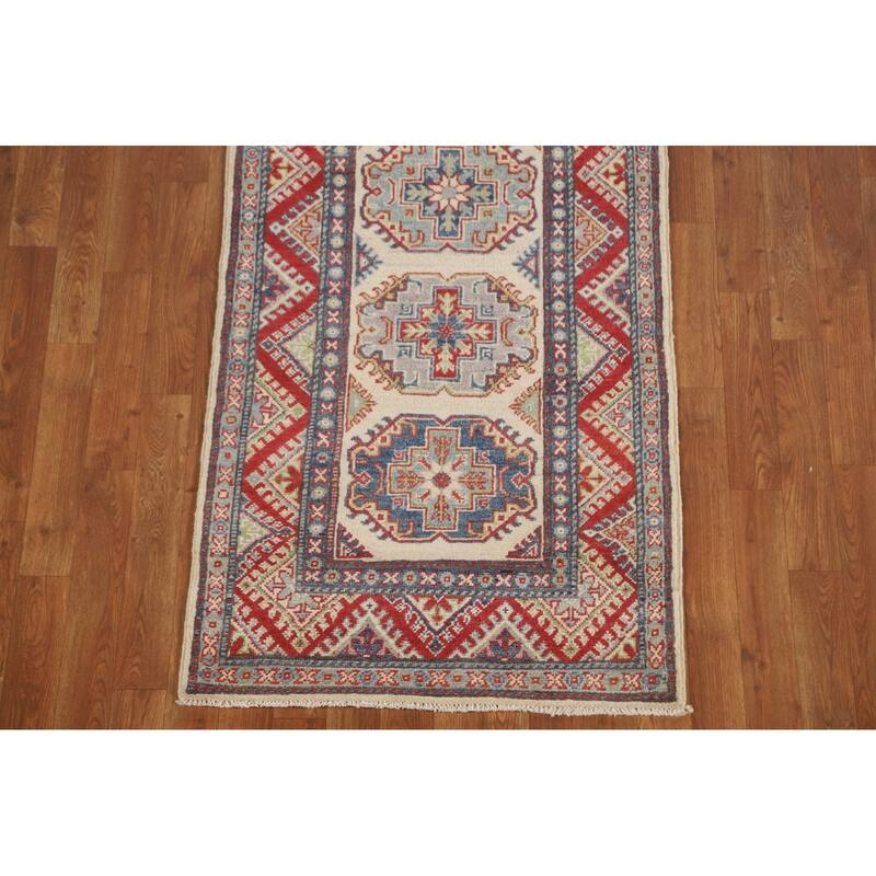 Geometric Kazak Runner Rug Handmade Beige Wool Carpet - 2'7" x 15'6"