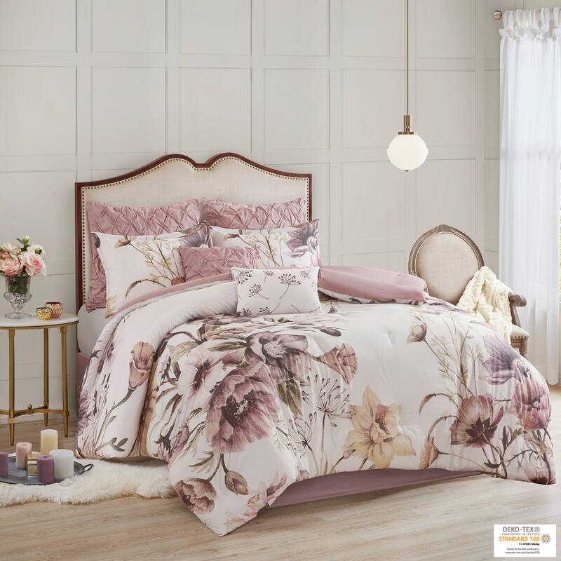 8 Piece Cotton Printed Comforter Set Blush Queen