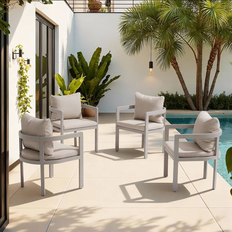 Outdoor Aluminum Dining Chairs with Cushions & Armrests - 4 Pieces Beige