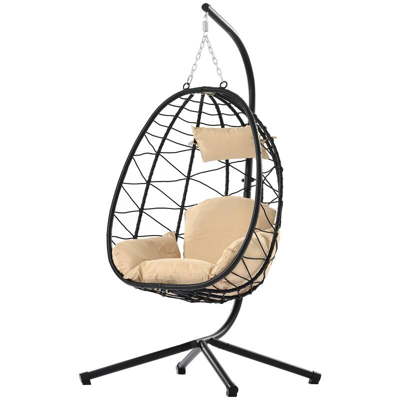 Indoor Outdoor Egg Chair with Stand, Patio Wicker Swing Chair with