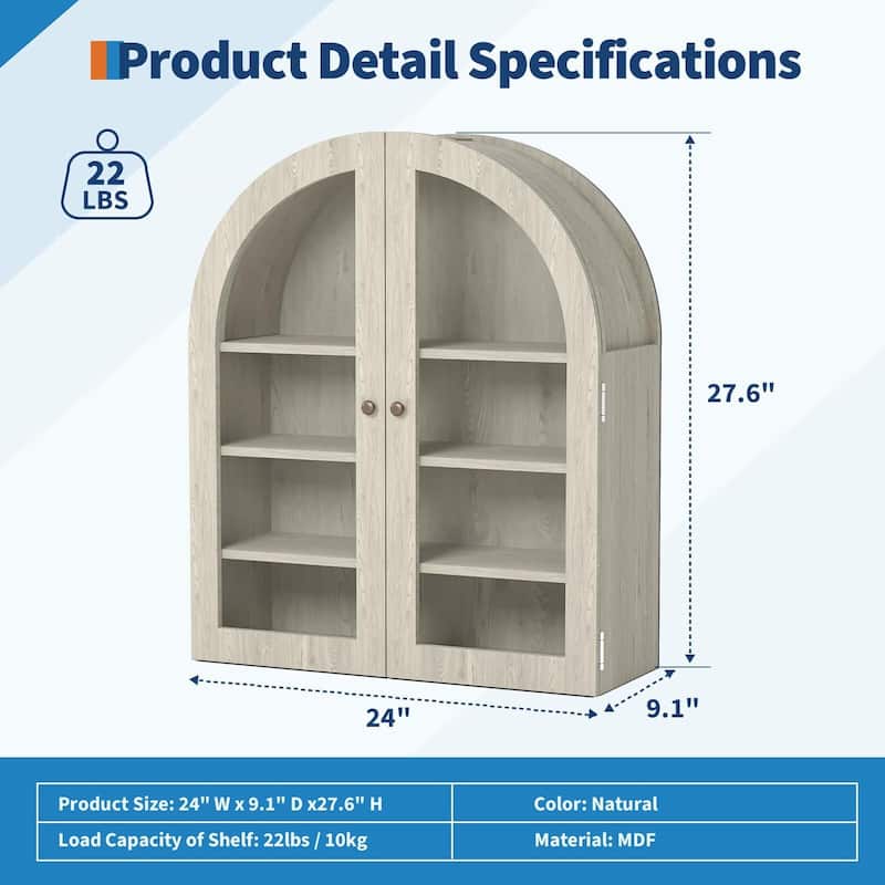 Arched Wall Cabinet, Small Wall-Mounted Bathroom Medicine Cabinet with Glass Doors & Adjustable Shelves