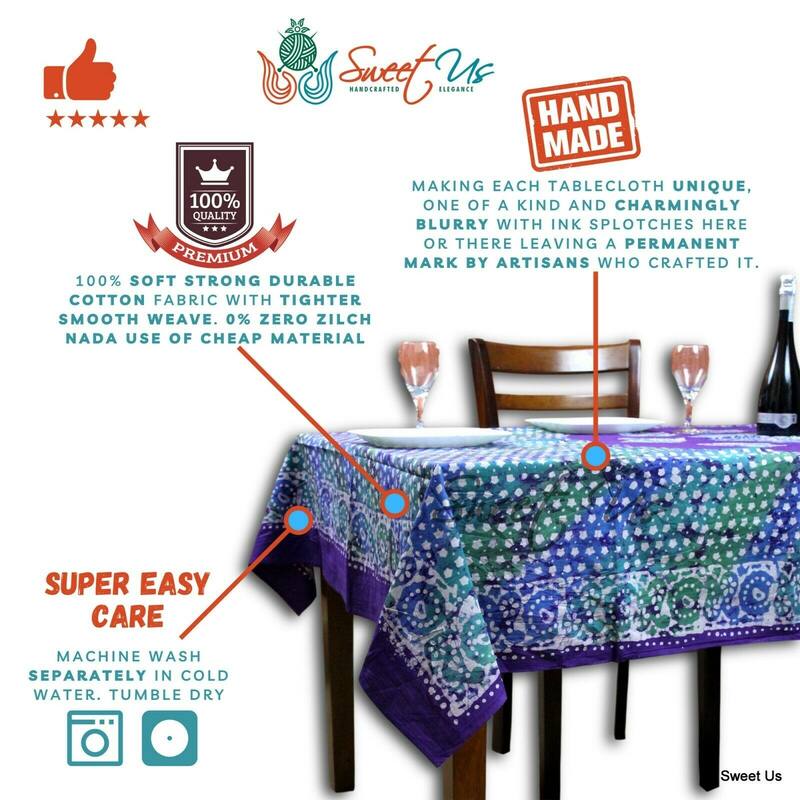 Cotton Batik Print Floral Tablecloth Rectangle - 58 x 90 in - Purple