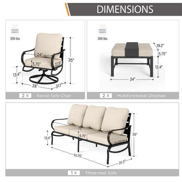 dimension image slide 12 of 14, MAISON ARTS 5/7/9-Seat Patio Conversation Set, Outdoor Sofa Set with Single Sofa Chairs, 3-Seater Sofa, Ottoman and Coffee Table