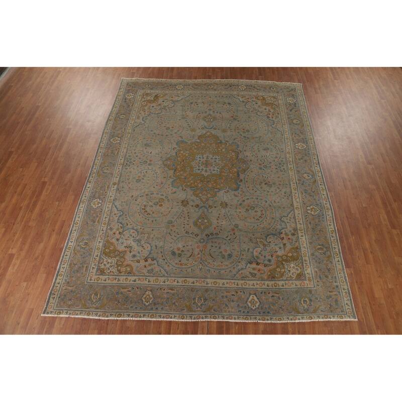 Distressed Tabriz Vintage Persian Rug Hand-Knotted Grey Wool Carpet - 9'11" x 12'10"