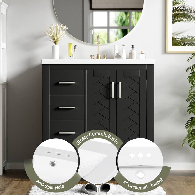 Modern 30" Bathroom Vanity with Ceramic Sink, 3 Drawers & Soft Closing Doors, Solid Wood Frame Cabinet
