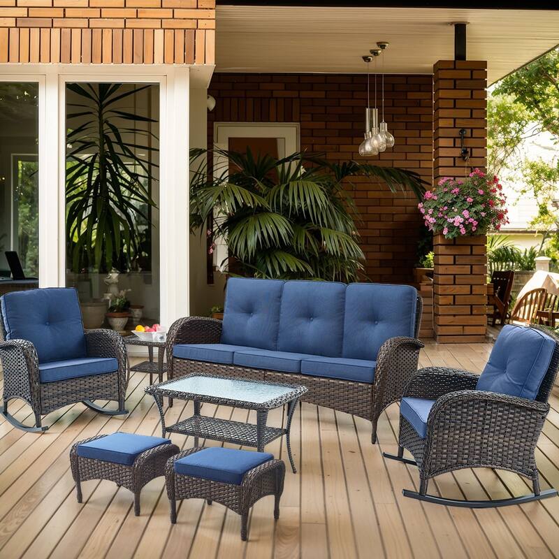 7 Pieces Rocker Chairs Sofa Coffee Table and Ottomans - Brown - Blue